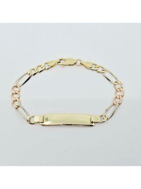Beautiful 14K Tri Tone Multi Color Gold Designer Figaro Link ID Bracelet - 6" L